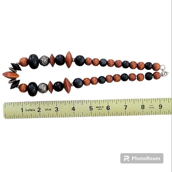 Bohemian Chunky Necklace Wooden Beads Black &Terracotta wSilver Metal Accents - Picture 5 of 5
